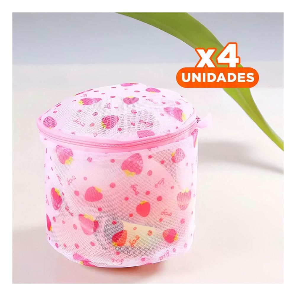 Pack4 Estuche Malla para Limpieza Ropa Formato Cilindro Blanco con Fresas Y Papel Regalo