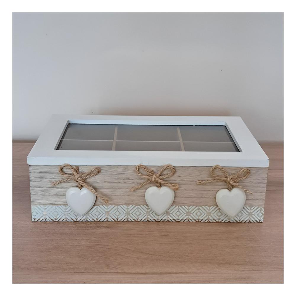 Cajita de madera con 6 divisiones decorativas con corazones para organizacion hogar