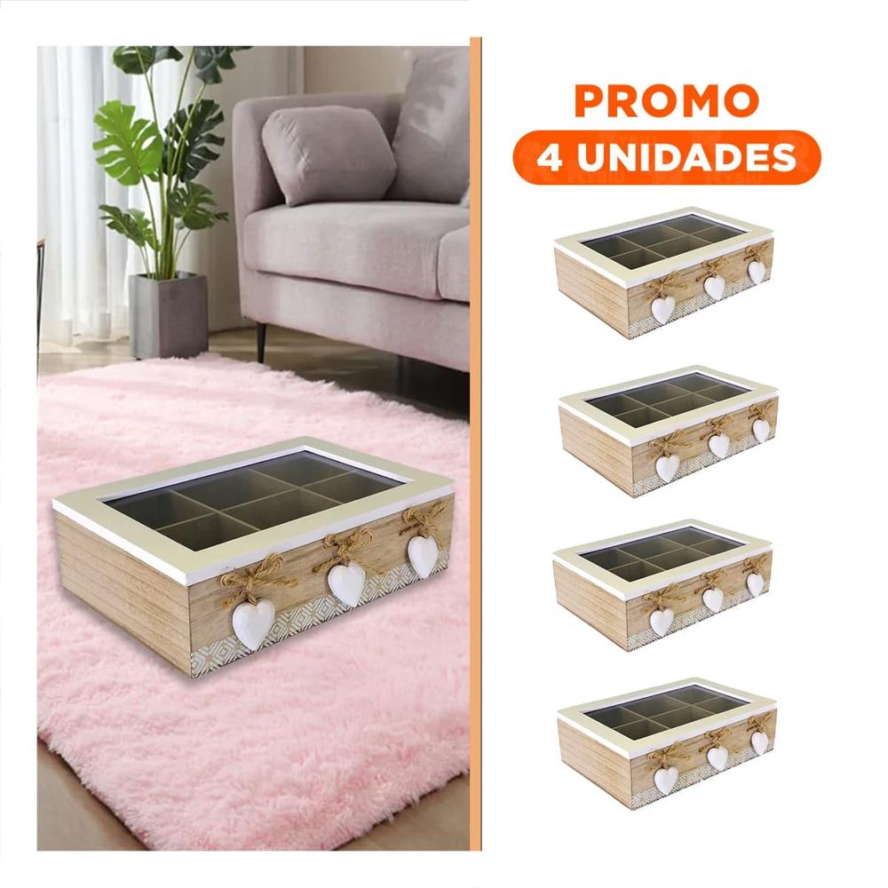 Pack4 Recipiente decorativo de madera con 6 divisiones y corazones para casa