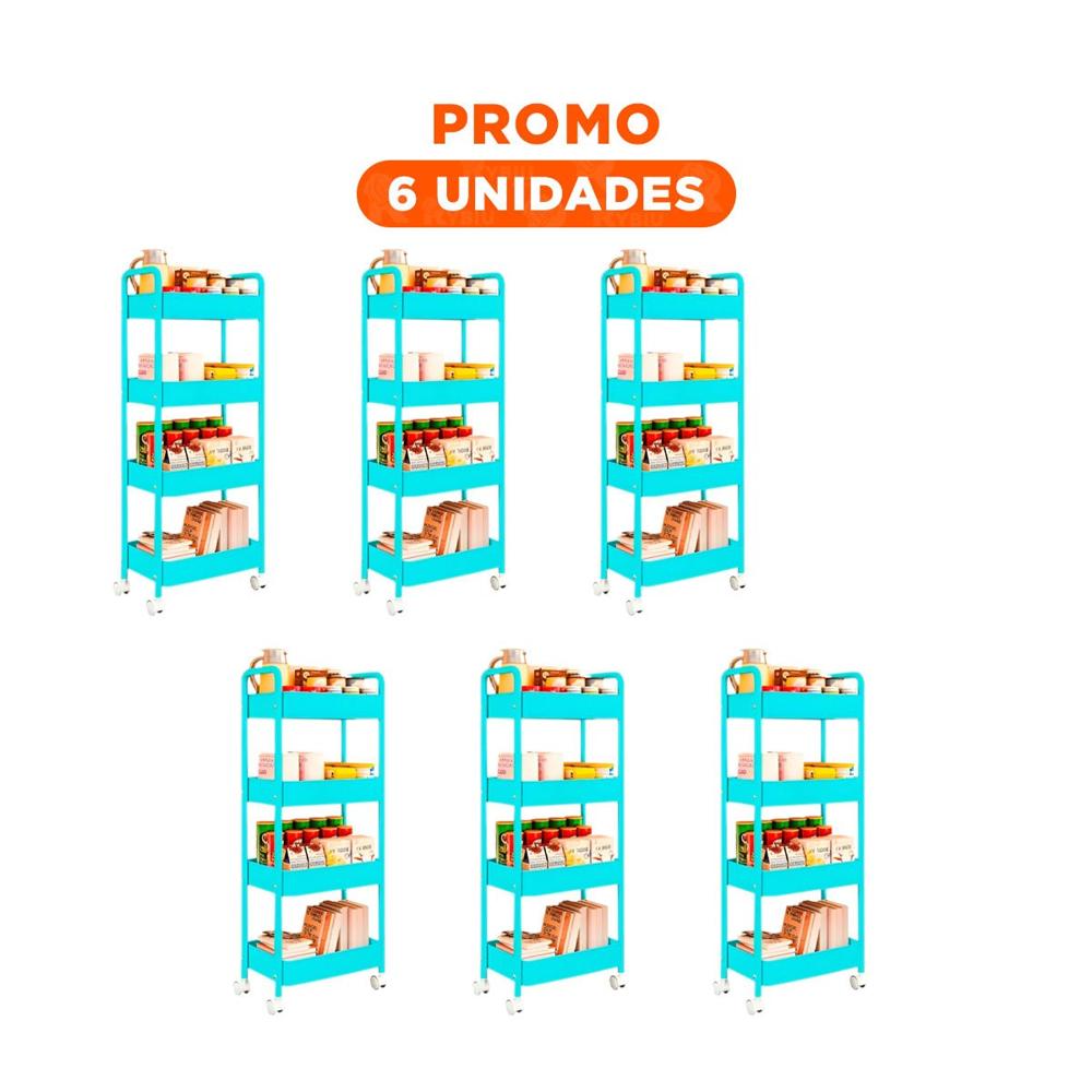 Pack6 Unidad Auxiliar de Cuatro Niveles con Ruedas y Asas Metal Celeste Casa Y Regalo Sticker