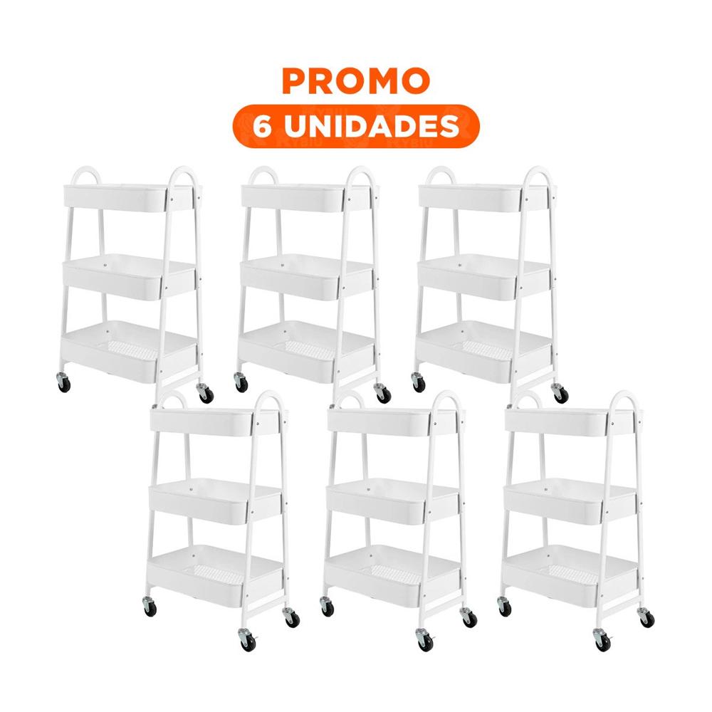 Pack6 Organizador metalico 3 niveles con ruedas y asas blanco para hogar Y Regalo Sticker