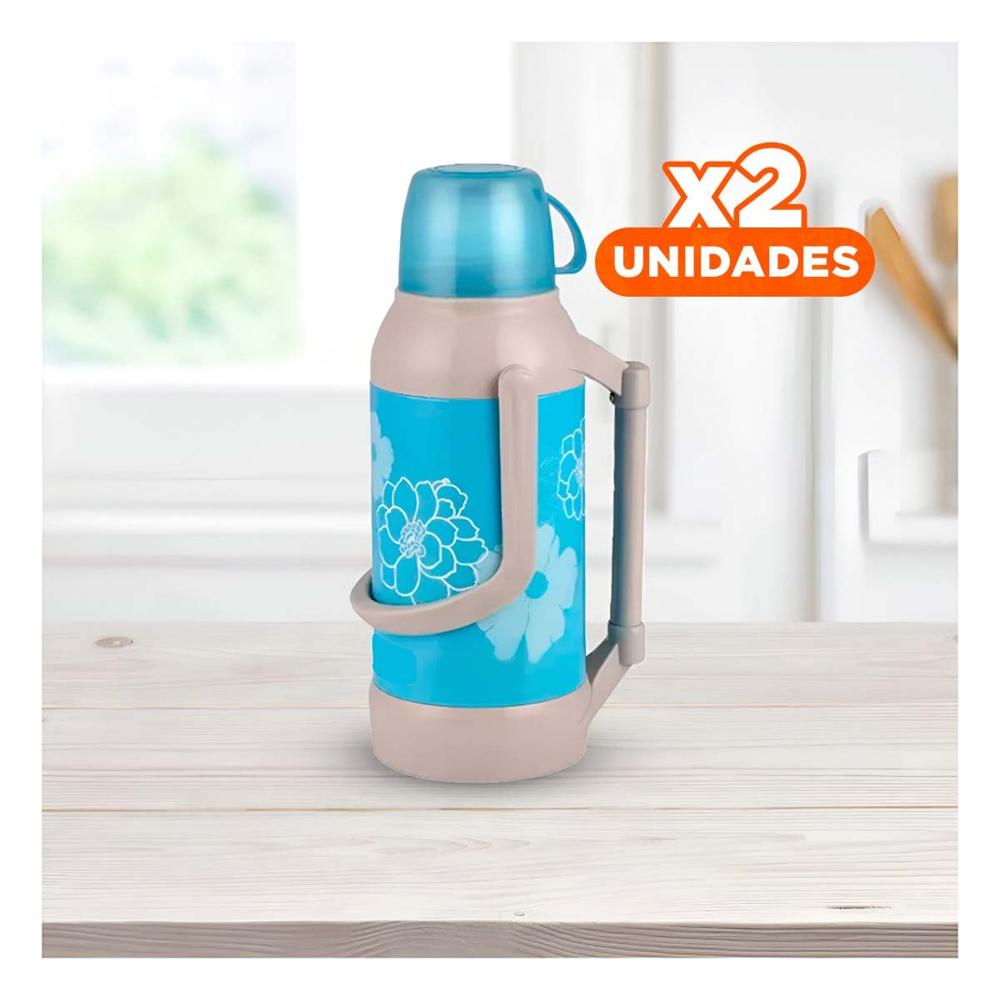 Pack2 Botella 3200ml Flores Celeste mantiene Cafe y Te a la Temperatura Correcta Y Papel Regalo