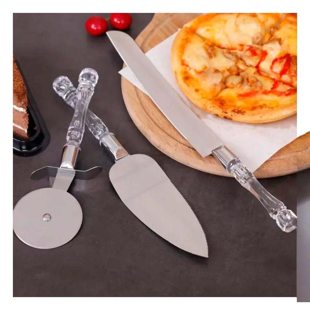 Set de Pastel y Pizza 3 Piezas Cuchillo Espatula Cortador Mango Acrilico Cocina