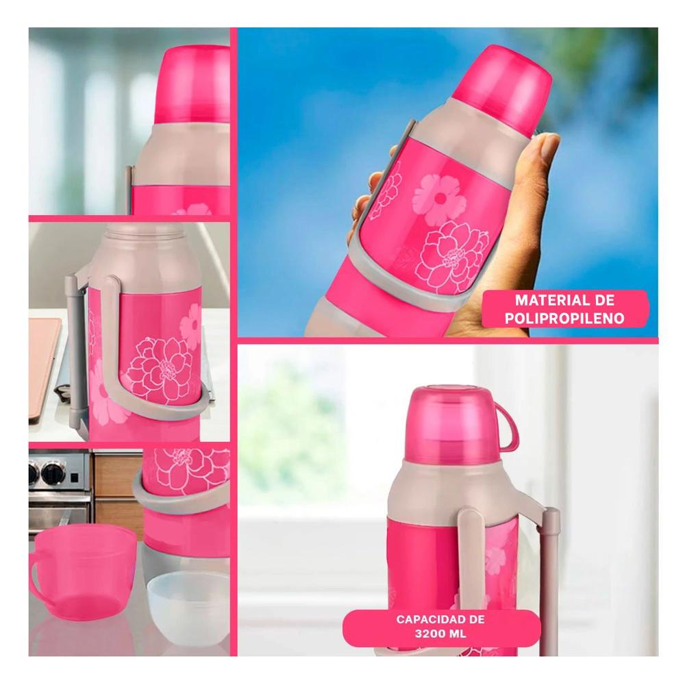 Termo Flores 3200ml Rosado elegante y Resistente para Cafe y Te Y Ligas Regalo