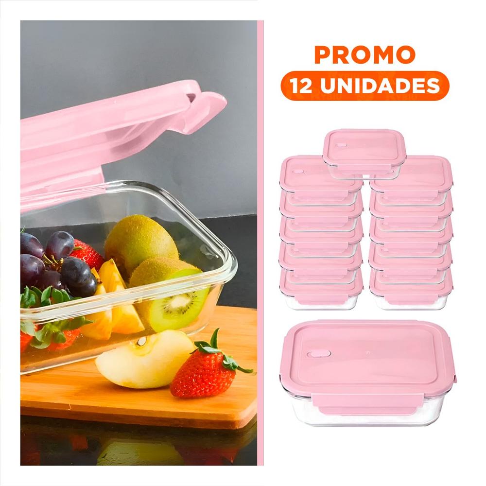 Pack12 Envase Hermetico de Vidrio 1040 ml con Tapa Rosado para Alimentos