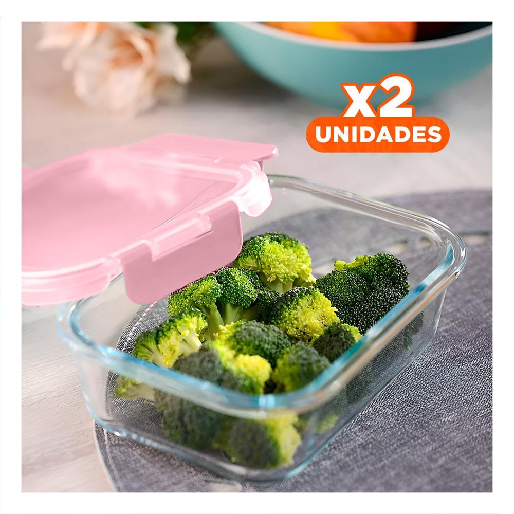 Pack2 Caja de vidrio 410 ml con tapa segura chico rosado para alimentos Y Papel Regalo