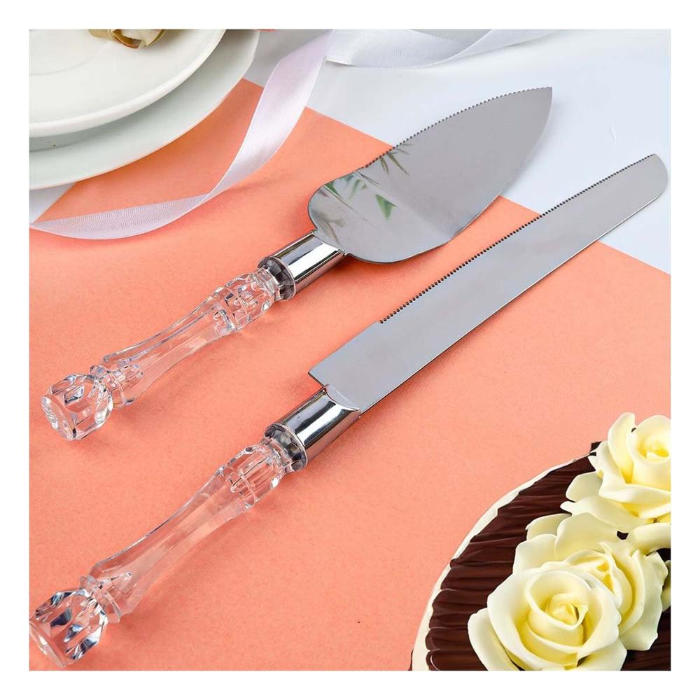 Kit de Cuchillos de Pastel y Espatula Mango de Acrilico Plateado YPapel Regalo