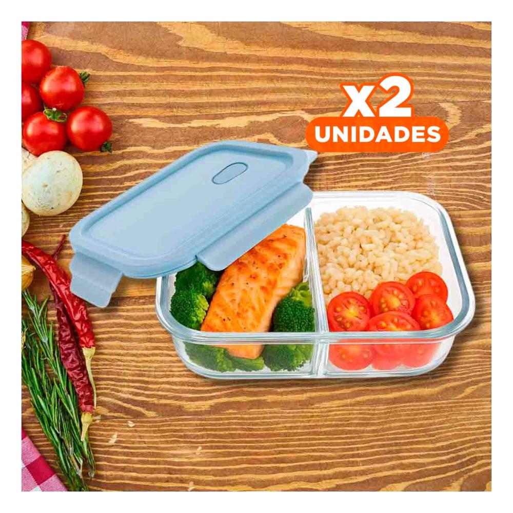 Pack2 Contenedor de Vidrio con 2 Divisiones y Tapa Color Celeste para Organizar Comidas