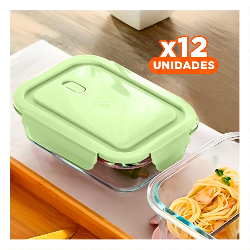 Pack12 Deposito hermetico de vidrio 410 ml con tapa verde chico alimentos Y Papel Regalo