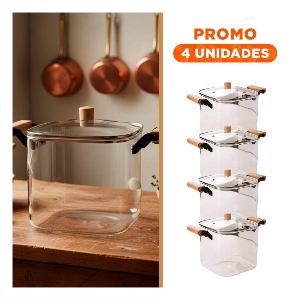 Pack4 Hervidor Amplio para Agua y Sopas con Asa de Madera 5500ml Transparente