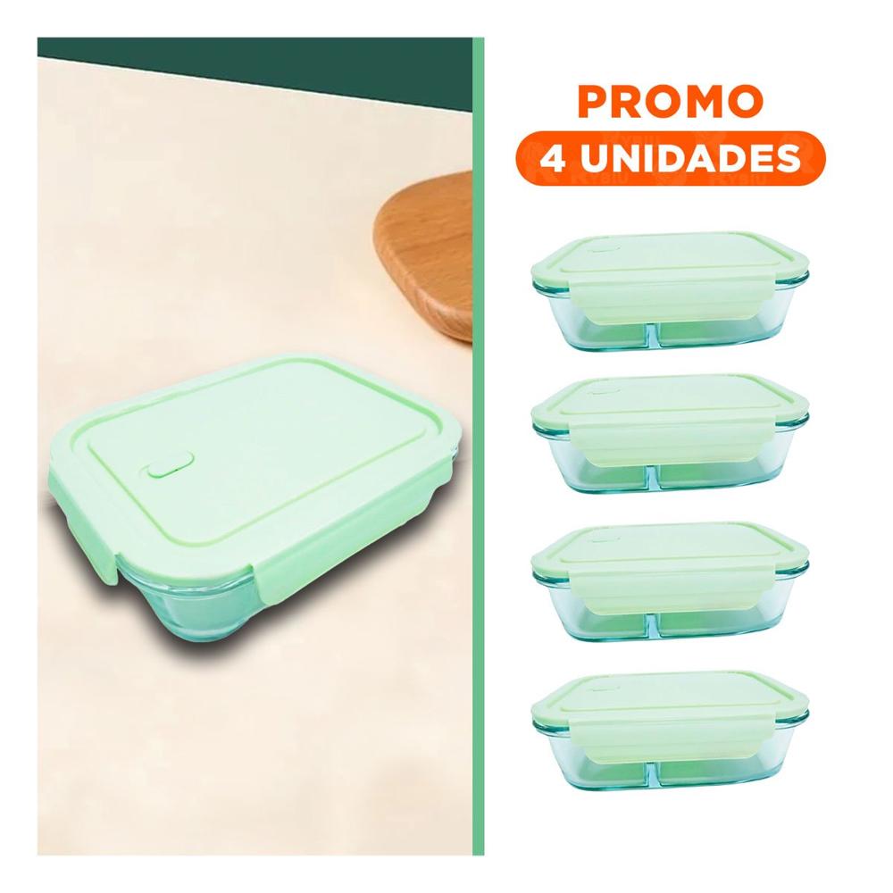 Pack4 Recipiente de Cocina en Vidrio Verde con 3 Divisiones Practicas