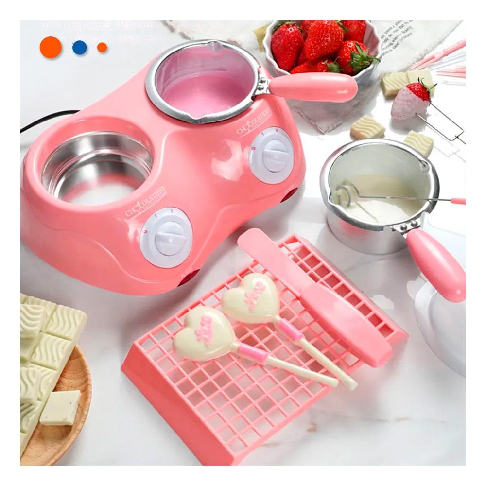 Recipiente chocolatero doble con accesorios en color rosado para hogar Y Papel Regalo