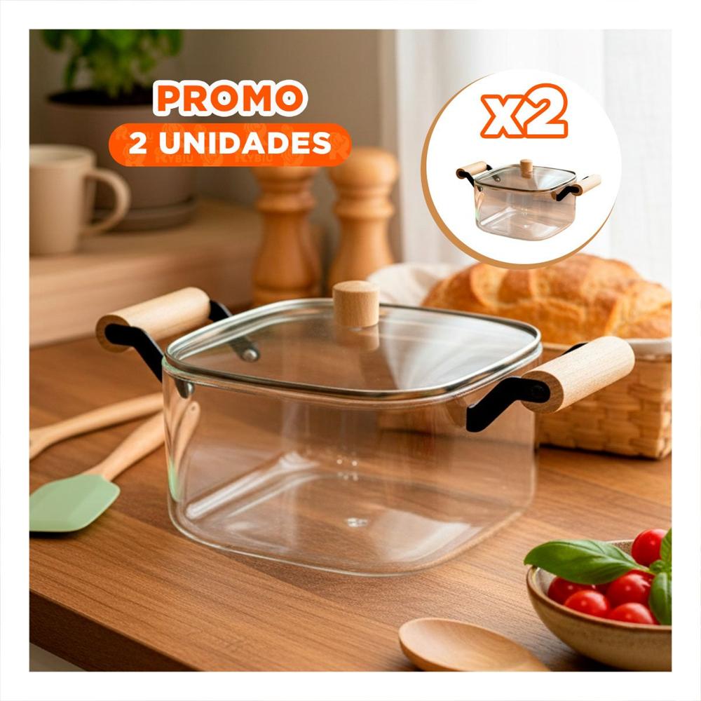 Pack2 Cacerola Transparente con Tapa y Mango de Madera 3500ml