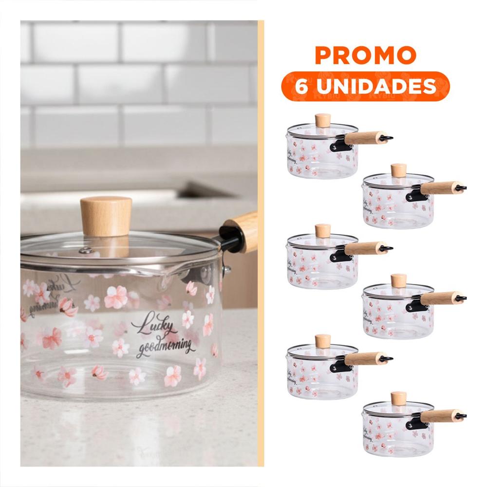 Pack6 Vasija Multiuso con Asa de Madera y Detalle Floral Transparente Flores YRegalo Sticker