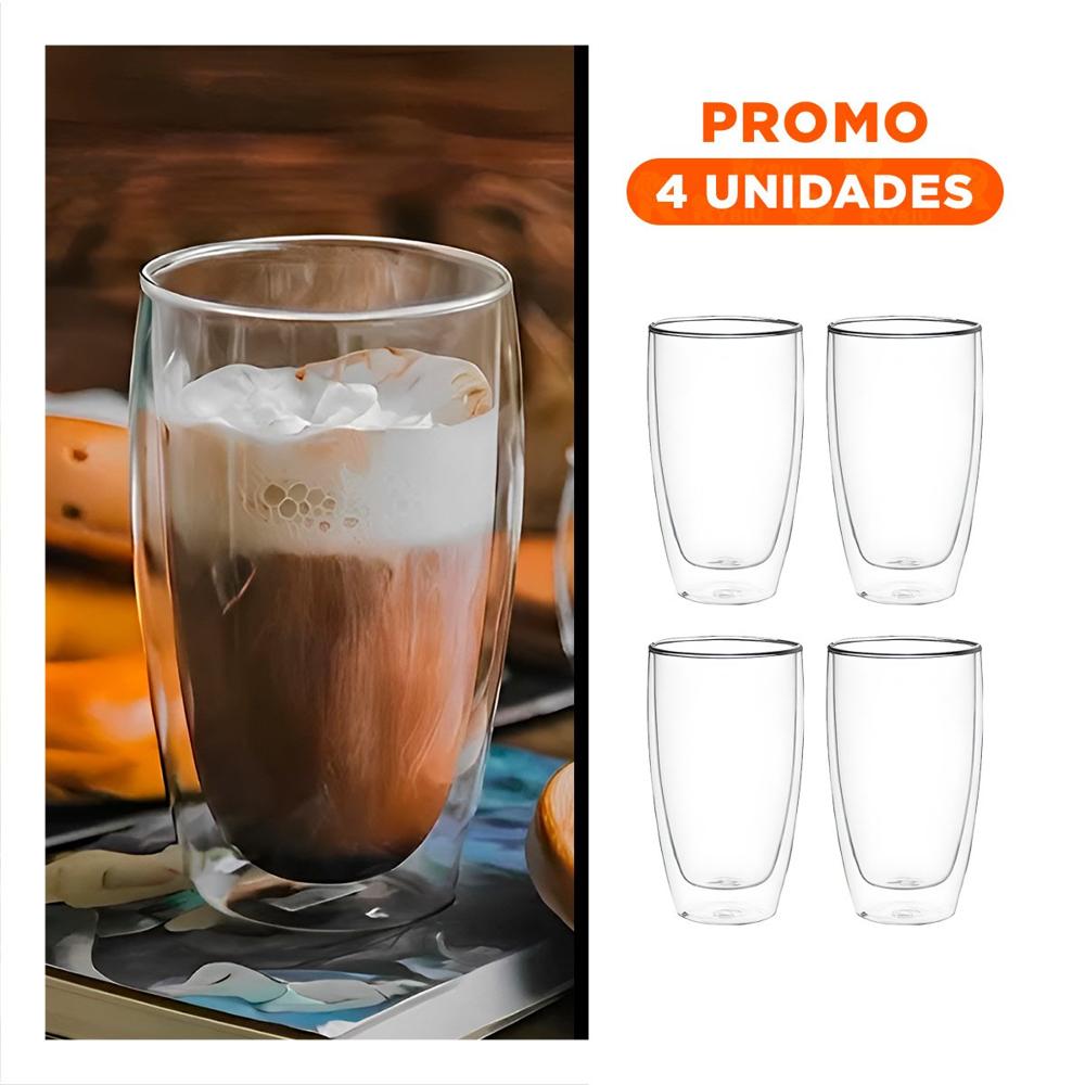 Pack4 Jarro Modelo 400ml Doble Capa de Vidrio Borosilicato Transparente Actual