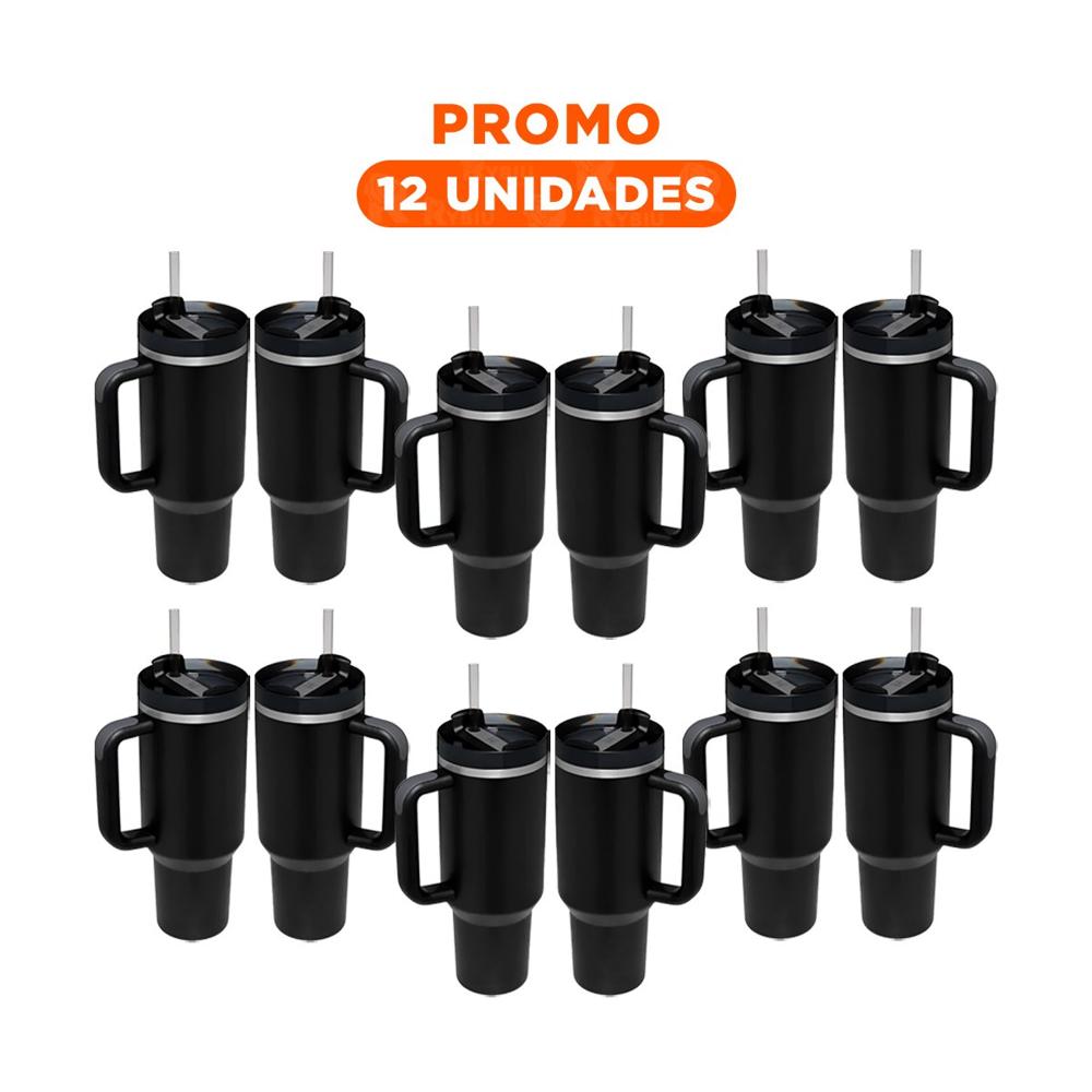 Pack12 Botella con Sorbete y Asa en en Color Negro Capacidad 1200ML ABS y Acero