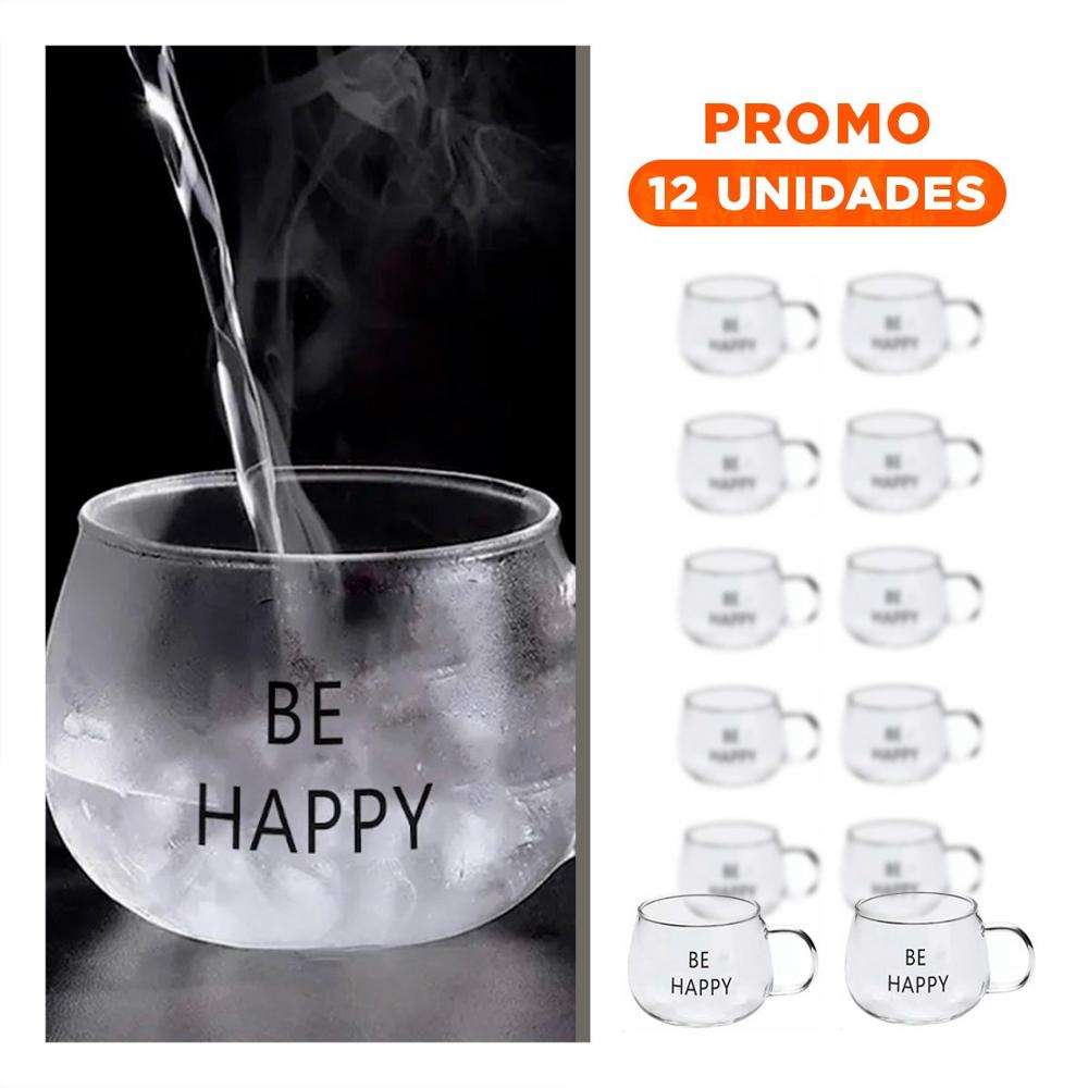 Pack12 Vaso 350 ML Transparente de Vidrio con Frase Be Happy con Presentacion Elegante
