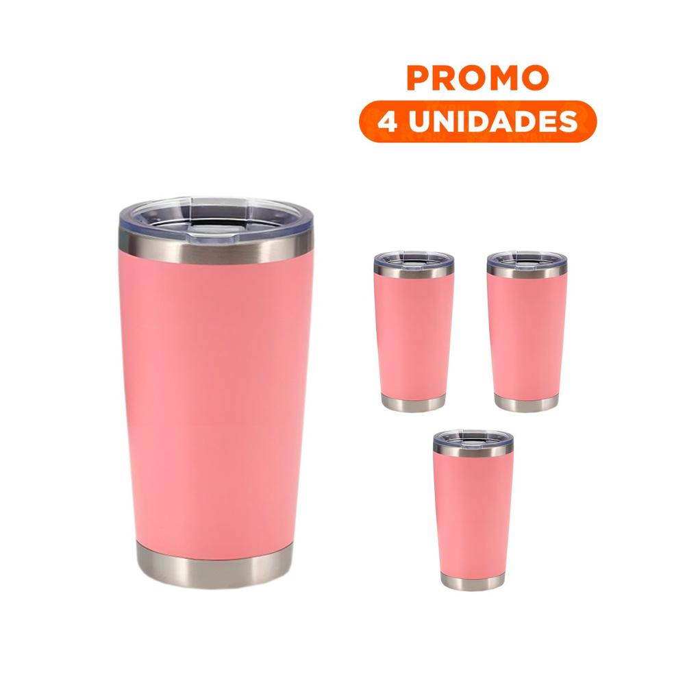 Pack4 Termo 600ML de Acero Inoxidable Rosado con Tapa y Asa para Cafe o Te