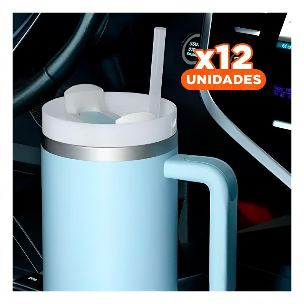 Pack12 Botella Color Celeste con Asa y Sorbete 1200ML en Material ABS y Acero YRegalo Sticker