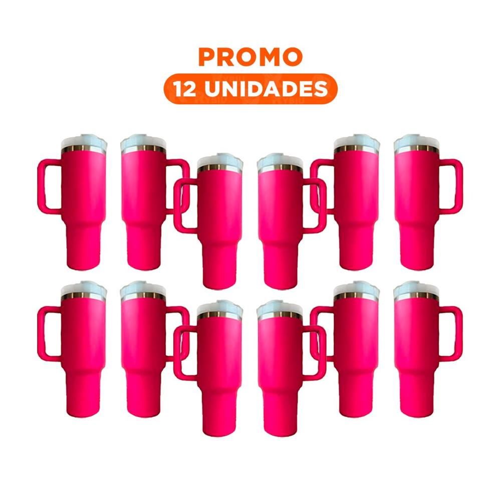 Pack12 Botella con Sorbete y Asa en en Color Fucsia Capacidad 1200ML ABS y Acero