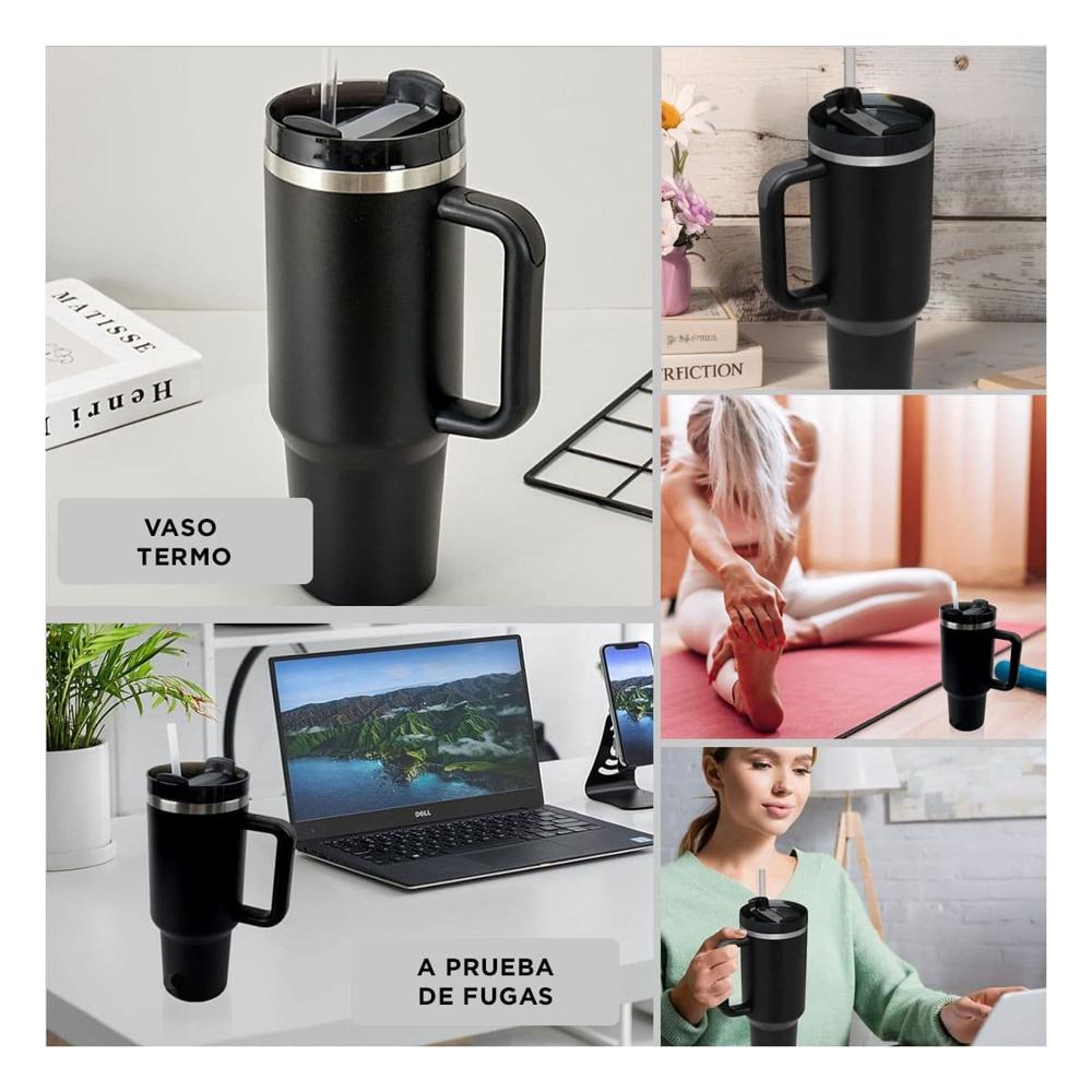 Termo en Color Negro con Asa Ergonomica y Sorbete 1200ML de ABS y Acero YLigas Regalo