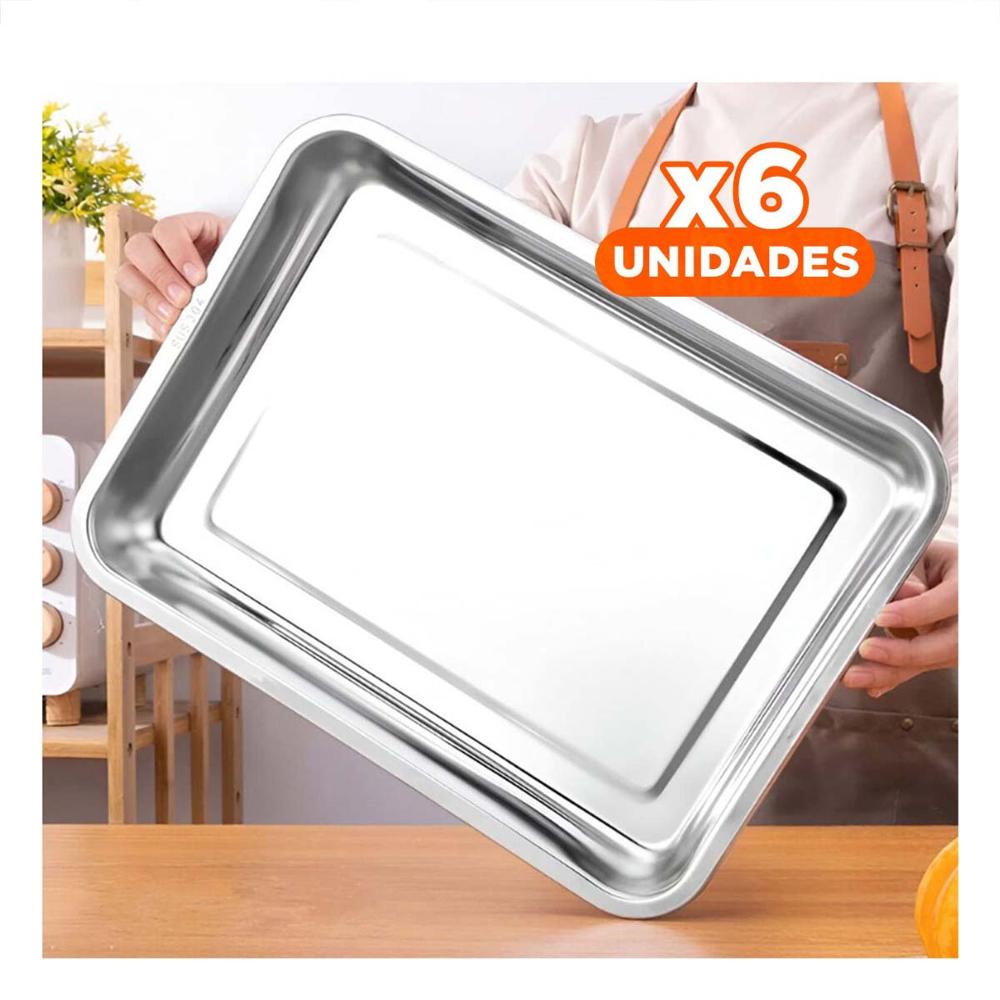 Pack6 Charola de acero resistente rectangular para uso en cocina y comedor familiar