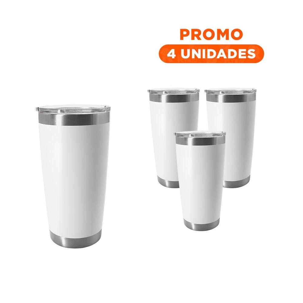 Pack4 Termo 600ML de Acero Inoxidable Blanco con Tapa y Asa para Cafe o Te