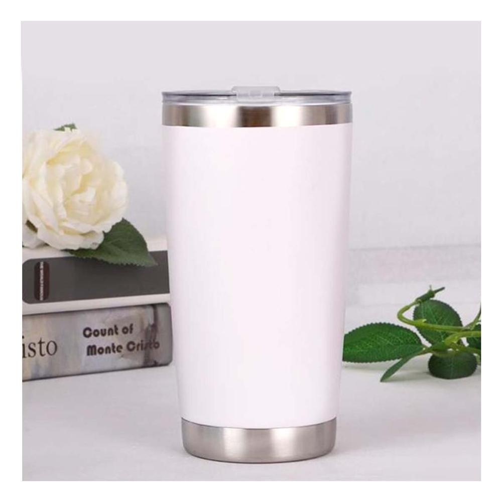 Vaso de Acero Inoxidable 600ML Blanco con Tapa y Forma Ergonomico Y notas