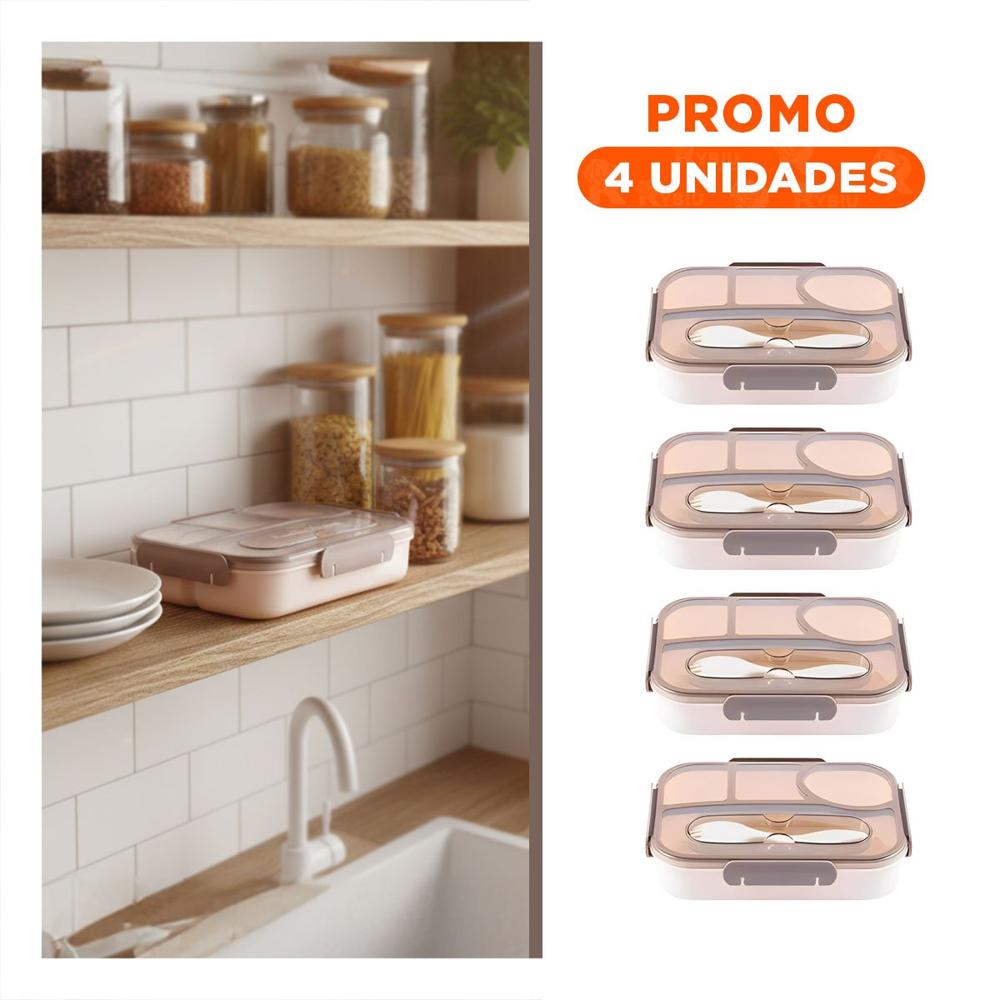 Pack4 Estuche Rectangular 4 Espacios con Tenedor 1100ml Marron Practico