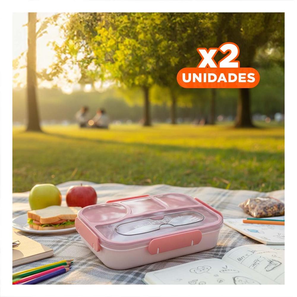 Pack2 Estuche Rectangular 4 Espacios con Tenedor 1100ml Rosado Hermetico
