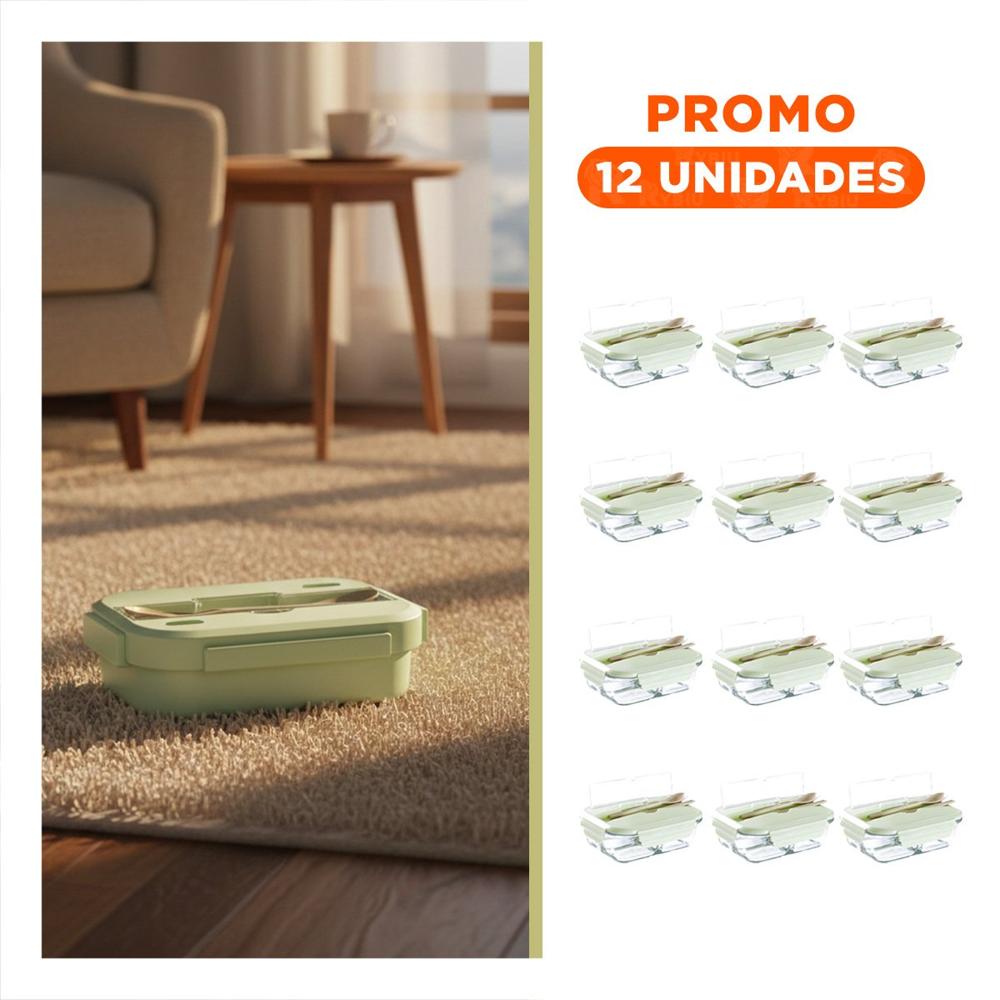 Pack12 Recipiente para Alimentos de Vidrio con Cubiertos Tapa Verde