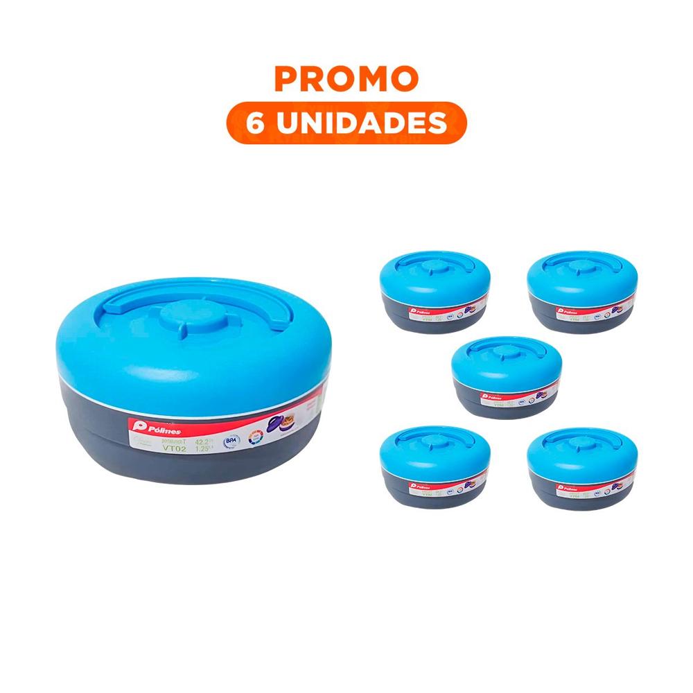 Pack6 Lonchera Circular 1.25L Celeste y Plomo Funcional y Comoda YRegalo Sticker