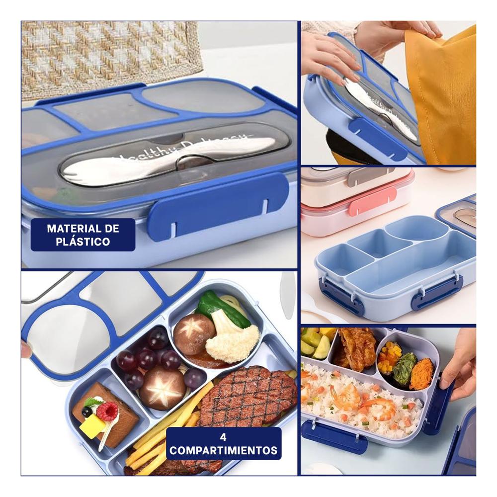Caja Rectangular 4 Espacios con Tenedor 1100ml Azul Practico Versatil YLigas Regalo