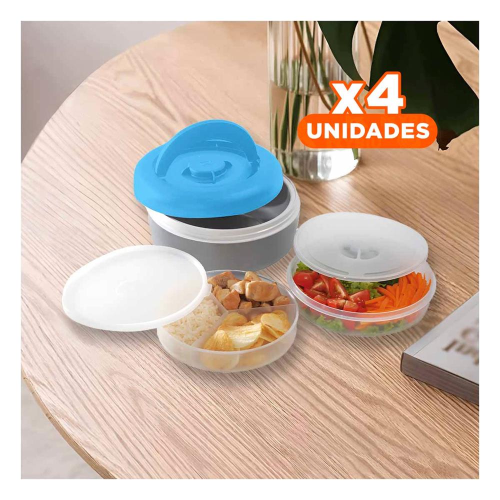 Pack4 Contenedor de Comida 1.25L Celeste y Plomo Facil de Llevar YPapel Regalo