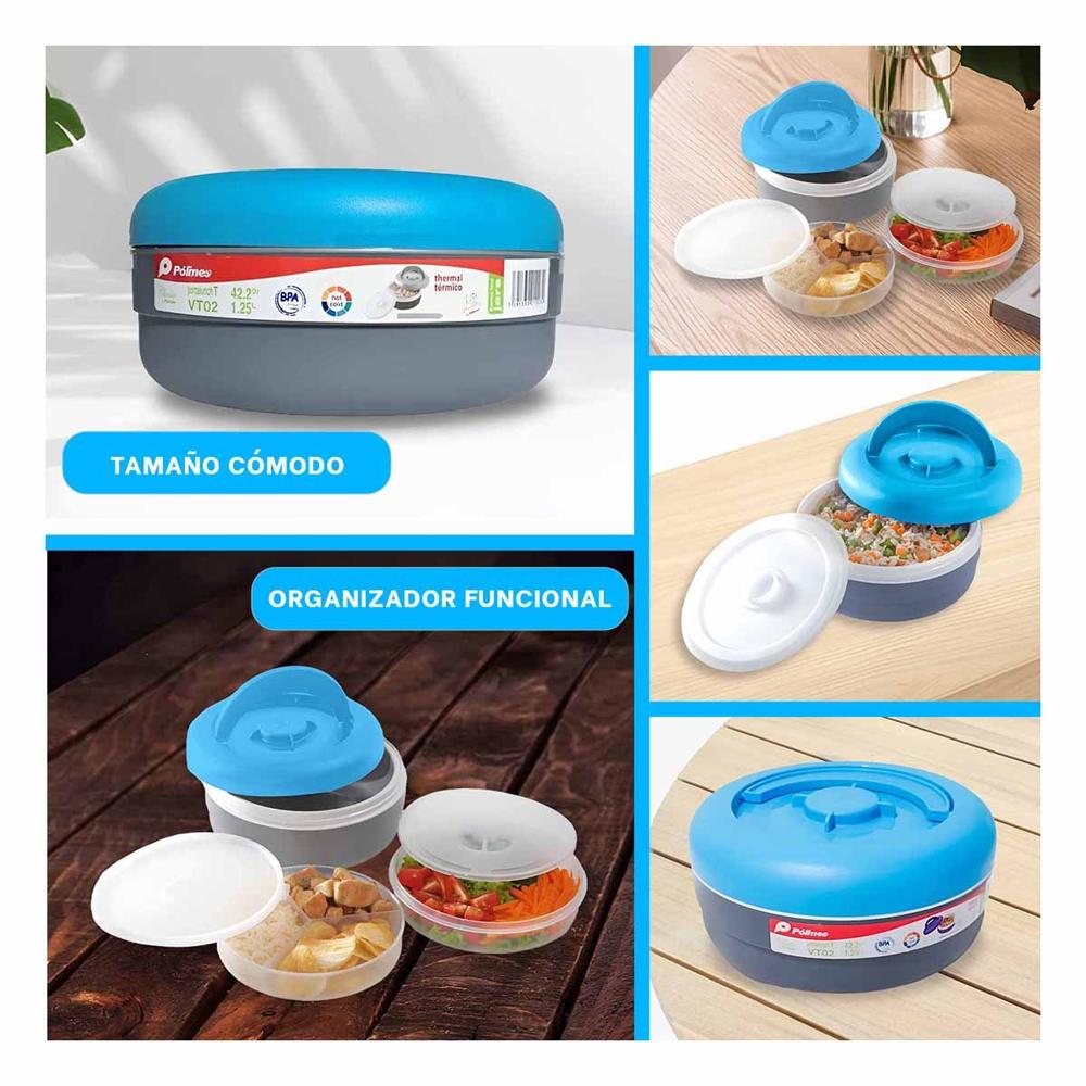 Lonchera Termica Circular 1.25L Celeste y Plomo Comoda de Transportar YLigas Regalo