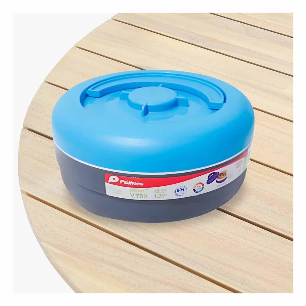 Recipiente Termico Circular 1.25L Celeste y Plomo Practico para Llevar YPapel Regalo