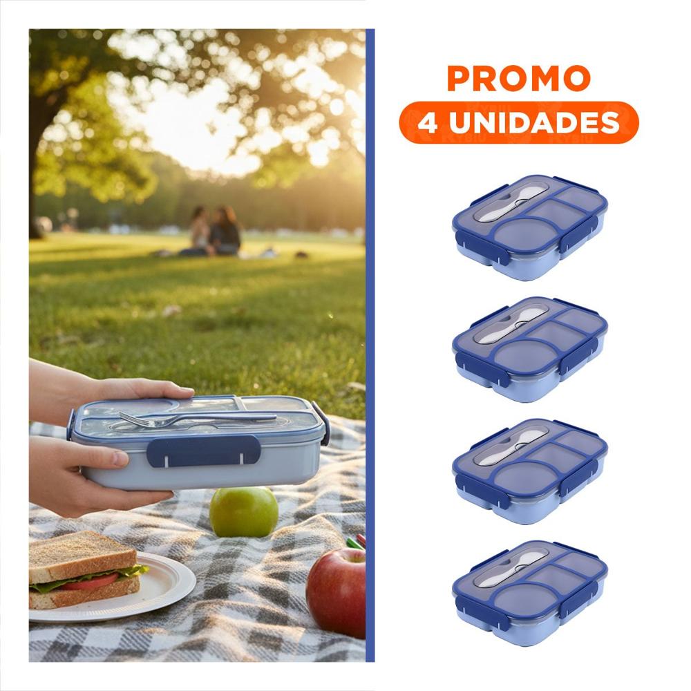 Pack4 Estuche Rectangular 4 Espacios con Tenedor 1100ml Azul Practico