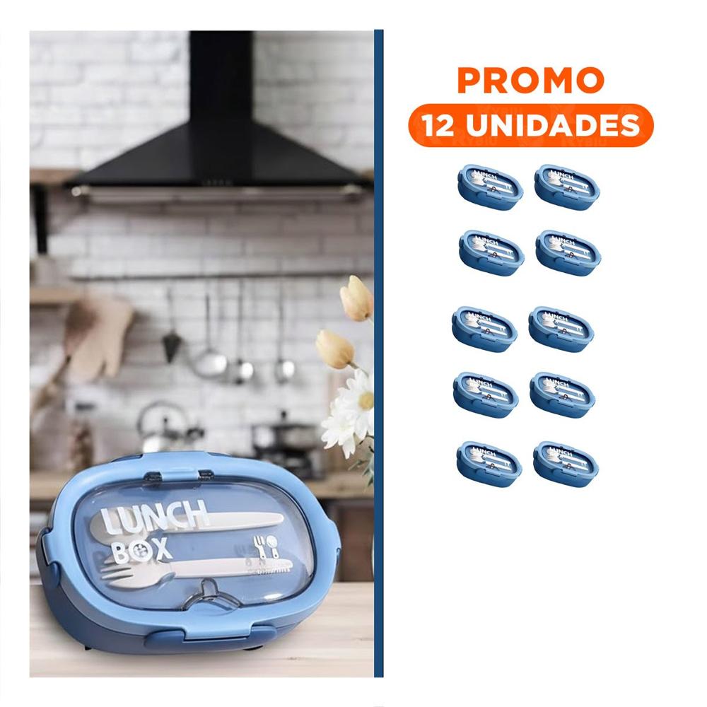 Pack12 Recipiente 850ml con Cubiertos Azul para Llevar Almuerzos Diario en Oficina