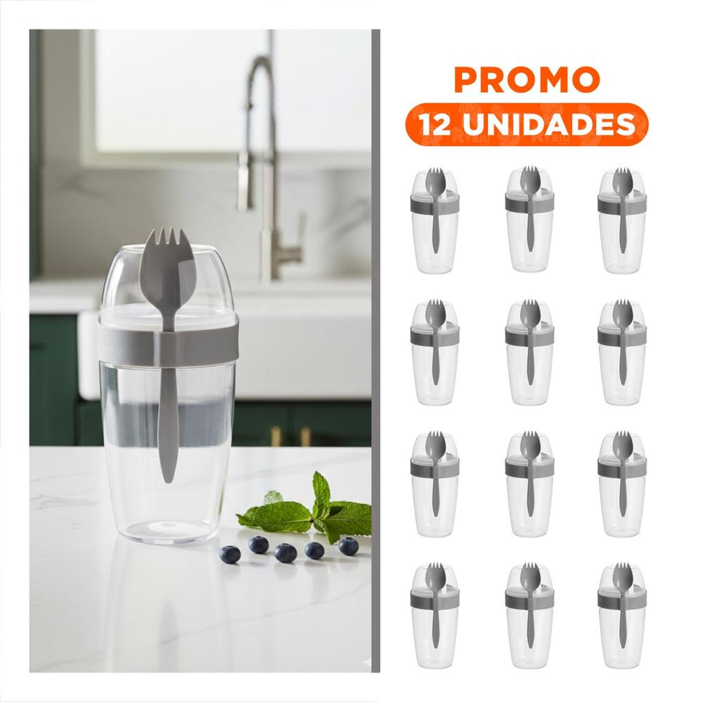 Pack12 Envase para Yogurt 2 en 1 con Cubierto Grande Plomo para Llevar al Parque