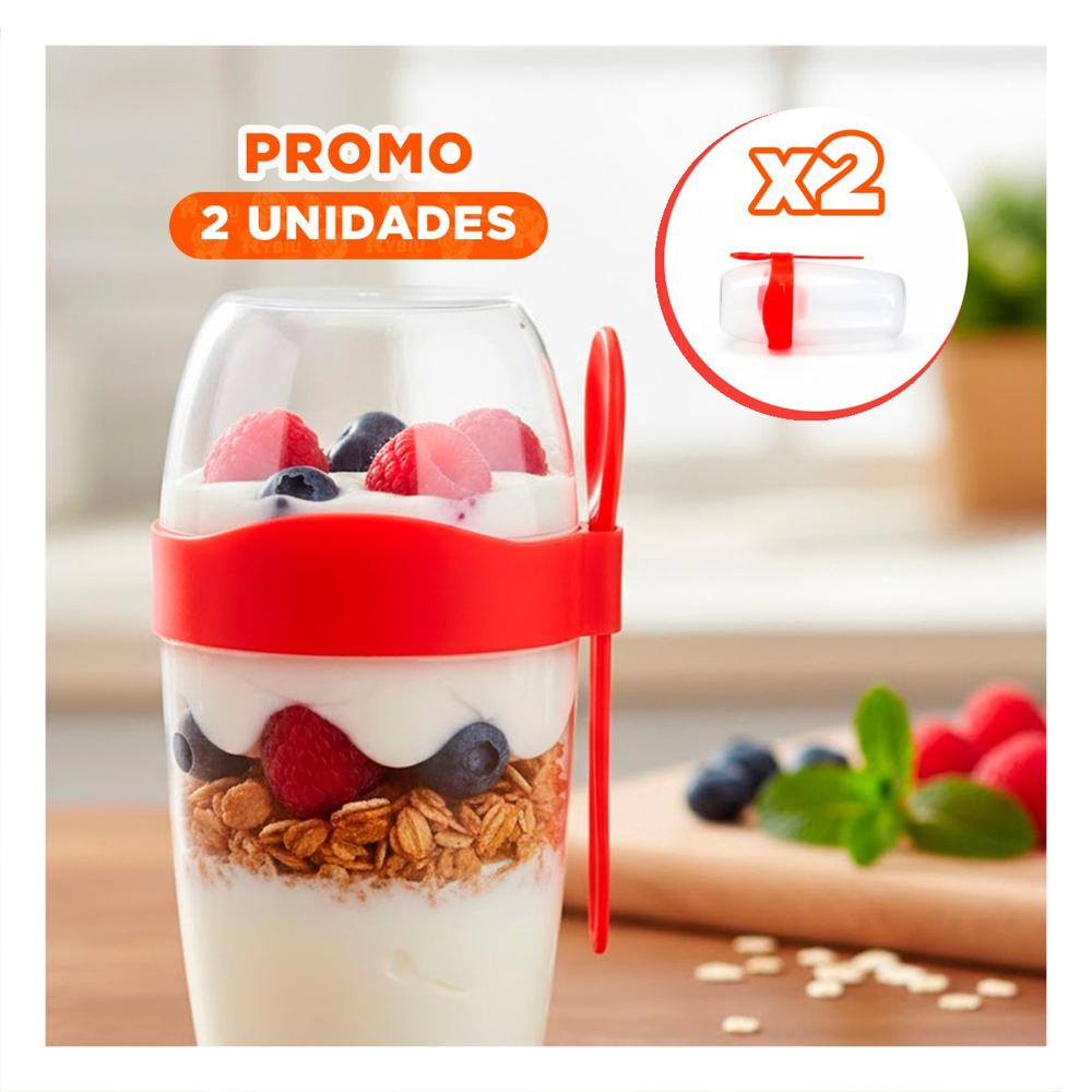Pack2 Vaso Yogurero Grande Rojo 2 en 1 con Cubierto para Trabajo o Universidad