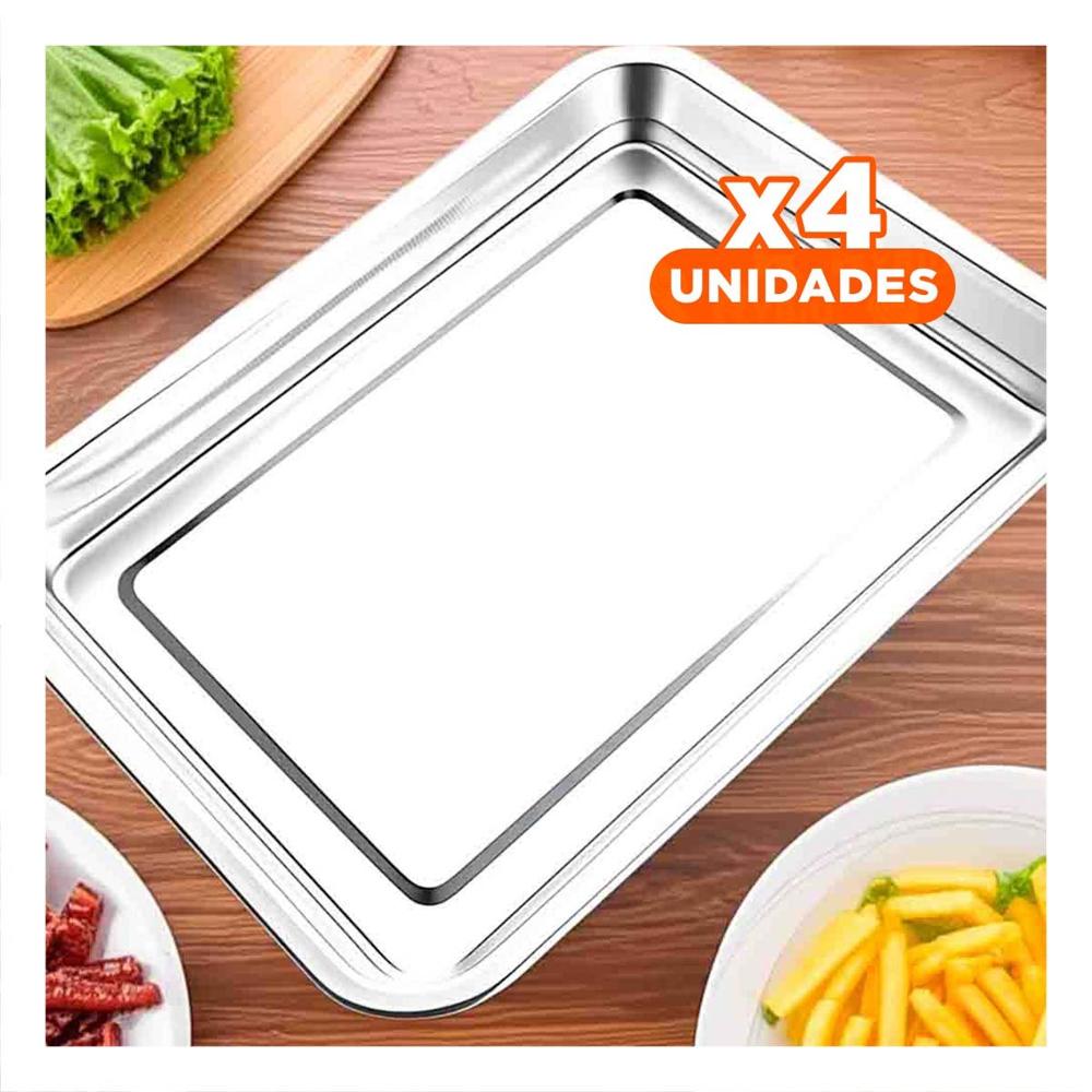 Pack4 Charola De Acero Rectangular Plateada Para Organizar Platos Y Postres YPapel Regalo