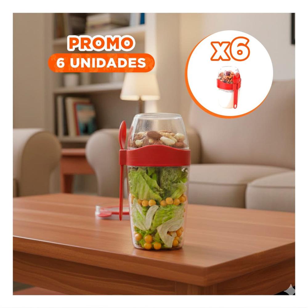 Pack6 Recipiente Yogur Rojo Portatil con Compartimento Superior para Granola