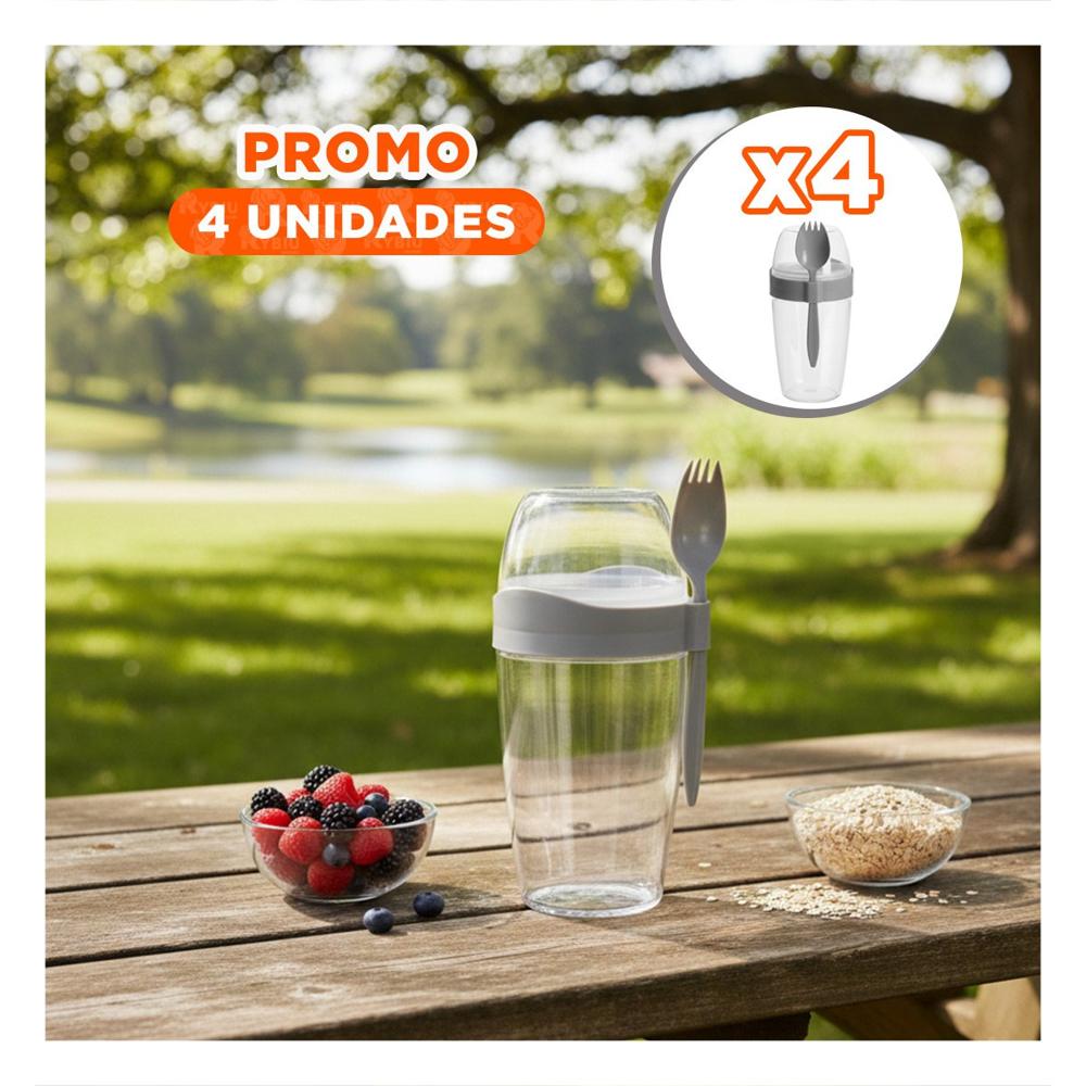 Pack4 Vaso para Yogurt 2 en 1 con Cubierto Grande Plomo para Viajes YRegalo Sticker