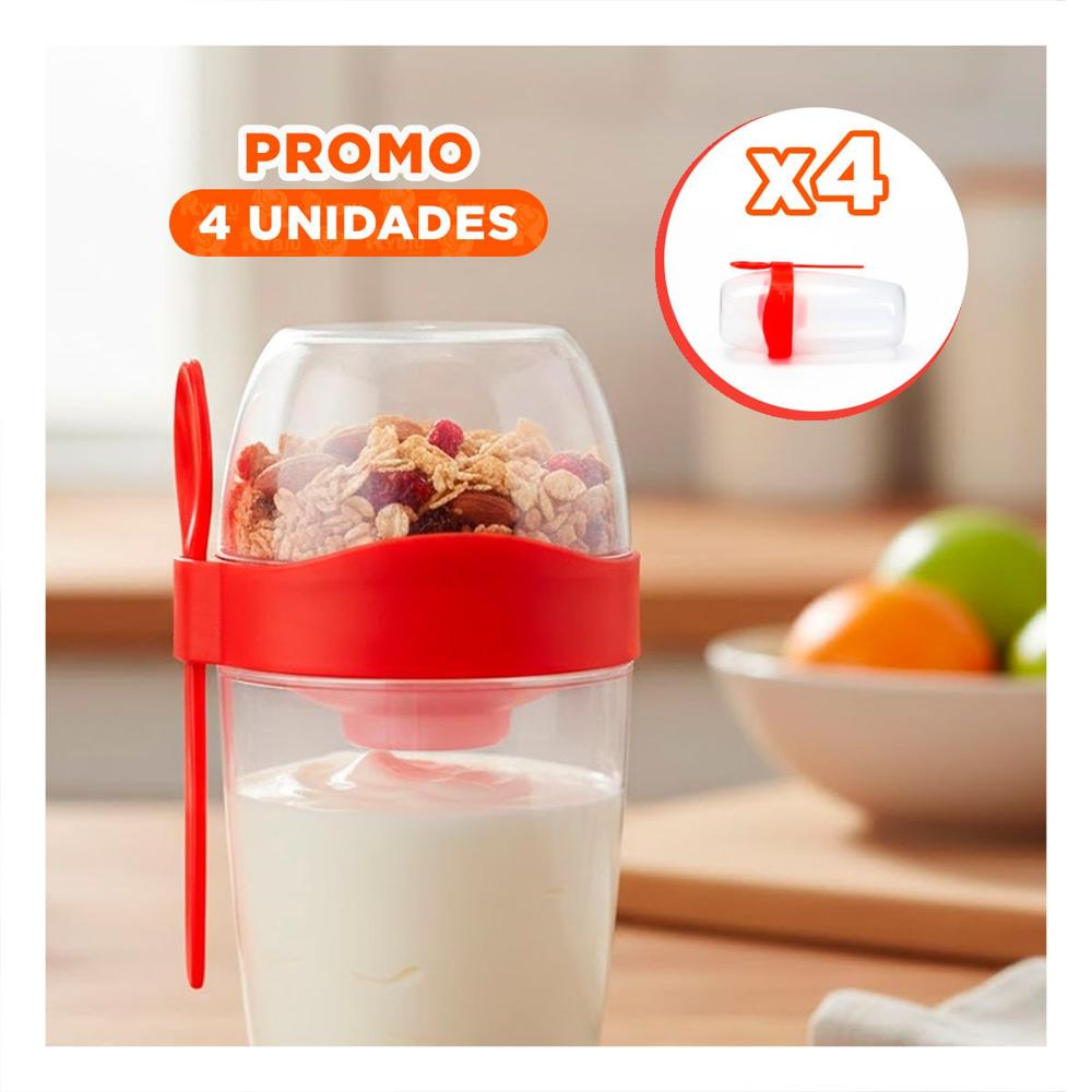 Pack4 Envase Yogurero Grande Rojo 2 en 1 con Cubierto para Uso Diario YPapel Regalo