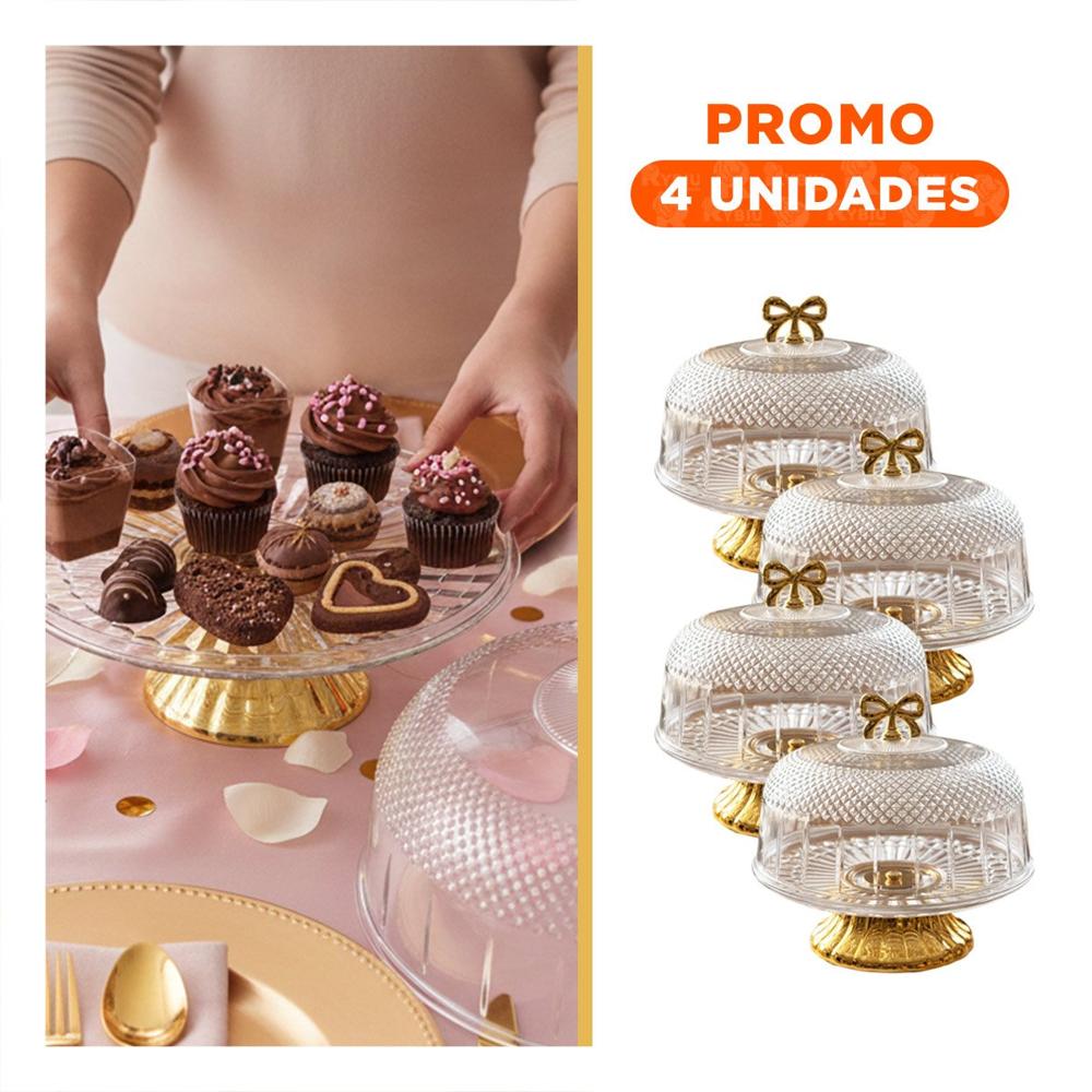 Pack4 Recipiente con Cupula y Lazo Dorado Transparente 33.5x26cm Para Mesa