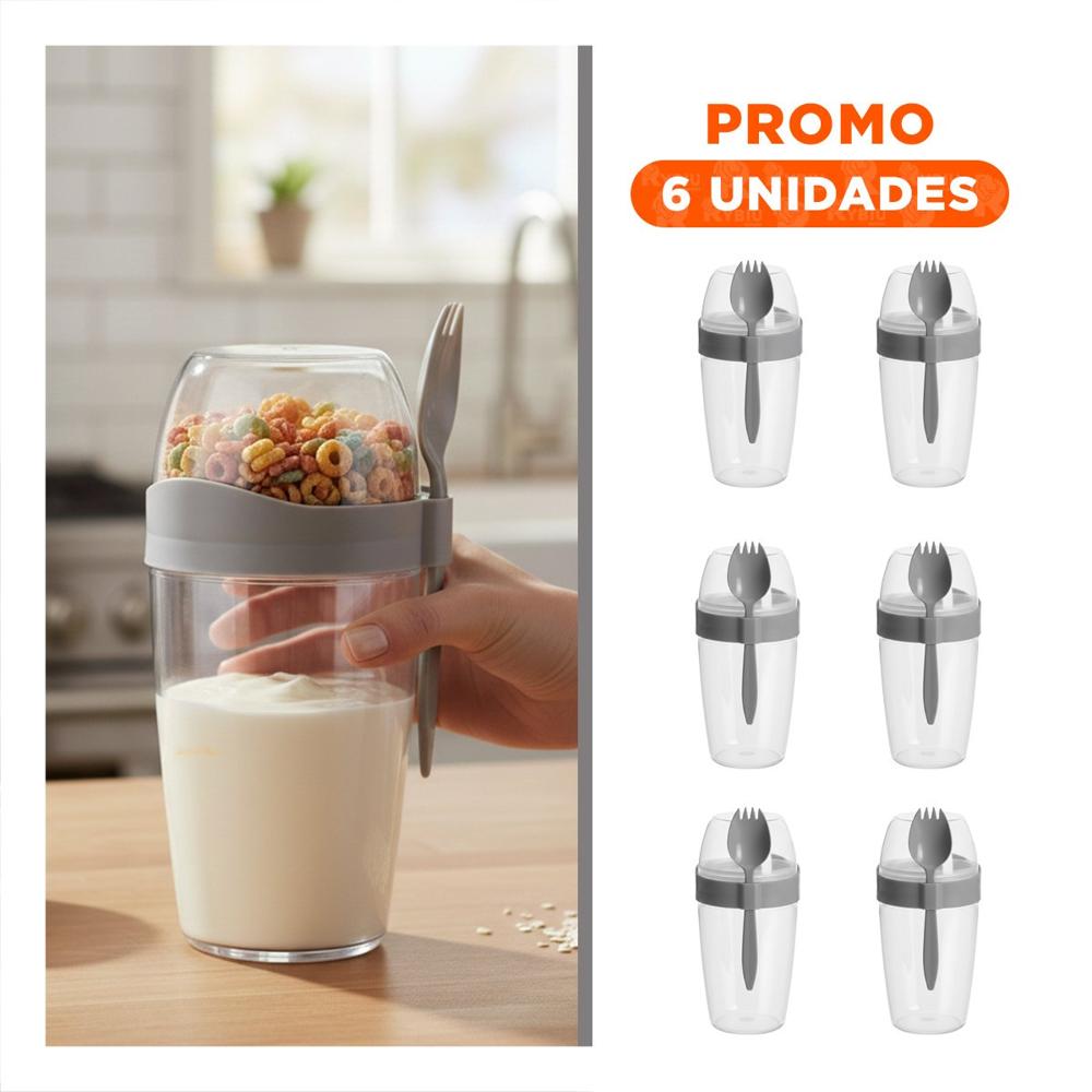 Pack6 Taza para Yogurt 2 en 1 con Cubierto Grande Plomo para Comer Fuera YRegalo Sticker
