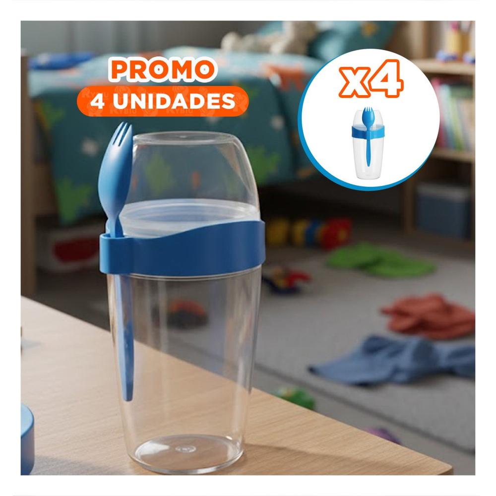 Pack4 Envase Yogurero Grande Azul 2 en 1 con Cubierto para Uso Diario YPapel Regalo