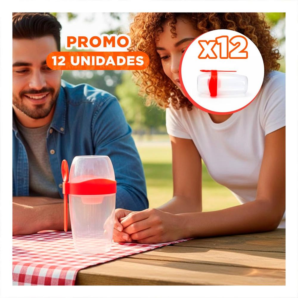 Pack12 Taza Yogurera 2 en 1 y Cubierto Grande Rojo para Desayuno Practico YRegalo Sticker