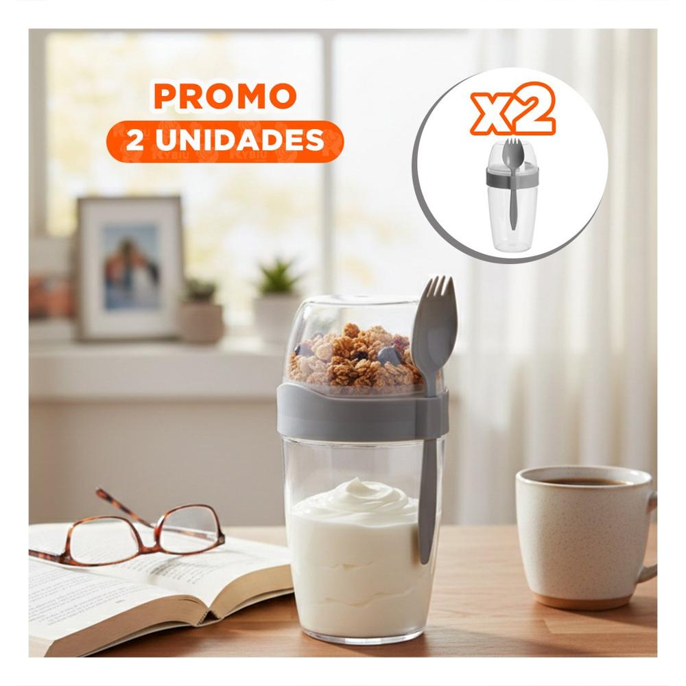Pack2 Vaso Yogurero Grande Plomo 2 en 1 con Cubierto para Trabajo o Universidad