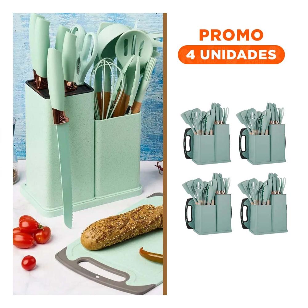 Pack4 Utensilios Verde Cocina Profesional Fabricados en Acero Inoxidable